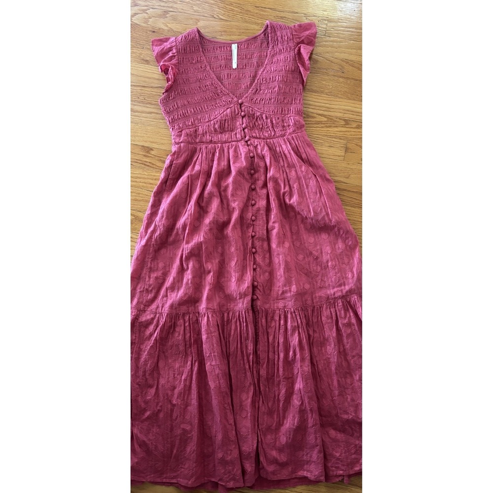 Anthropologie Raspberry Button-Front Midi Dress with Flutter Sleeves